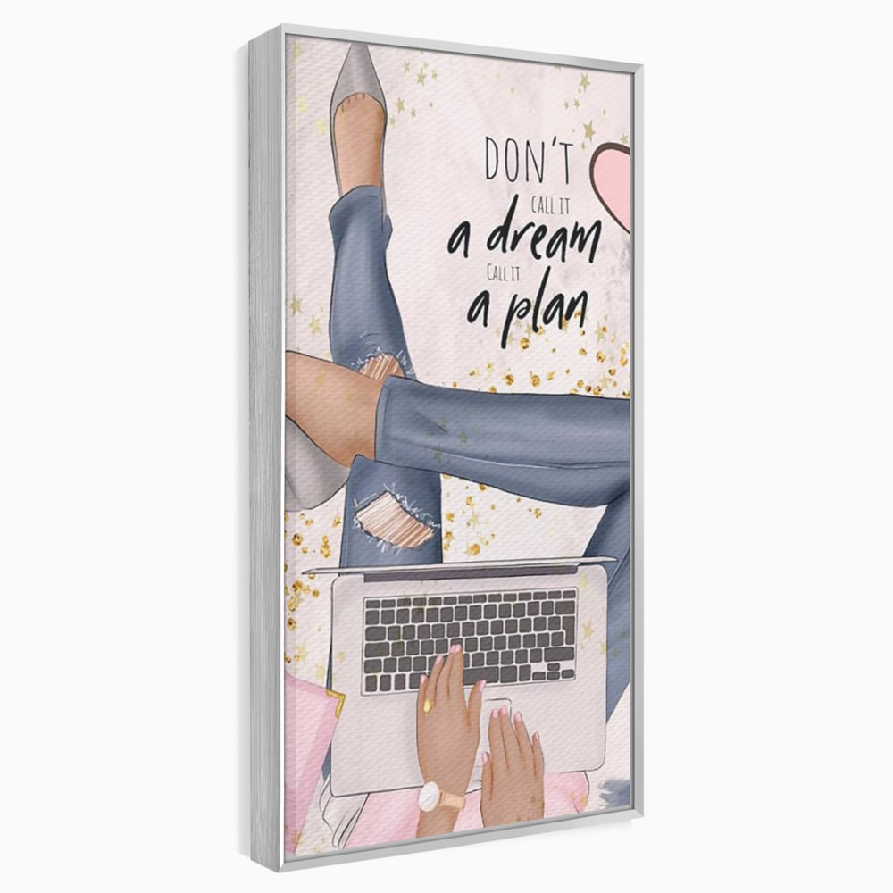 Tablou canvas cu ilustratie digitala cu femeie la laptop, in rama de aluminiu argintiu